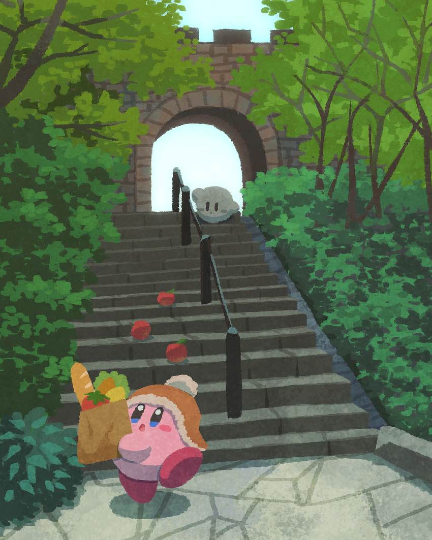 apple, bag, baguette, beanie, bread, bridge, bush, cobblestone
