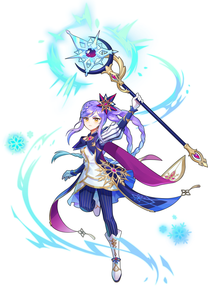 1girl, absurdres, archmage_(latale), artist_request, braid, cloak, highres, holding, holding_staff, latale, magic, pantyhose, purple_hair, shirt, snowflakes, solo, staff, white_footwear, white_shirt, yellow_eyes