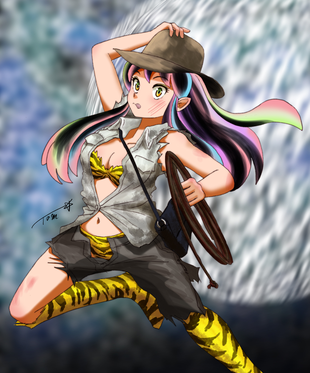 bikini, black_bag, bra, hat, highres, indiana_jones_(series), kneehighs, lum
