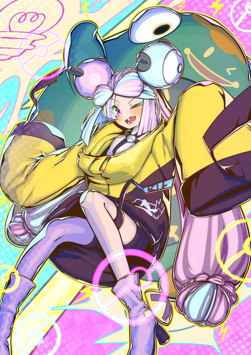 1girl, ;d, bellibolt, blue_hair, blush, boots, character_hair_ornament, commentary_request