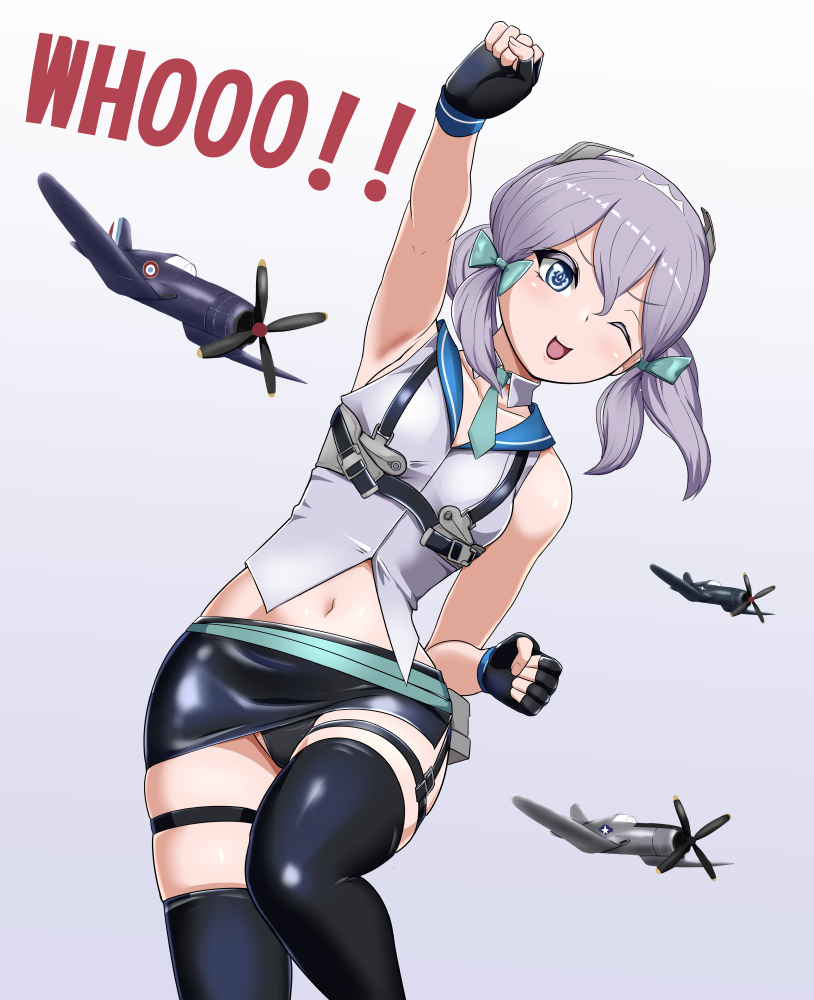 1girl, aircraft, airplane, aqua_necktie, black_gloves, black_skirt, black_thighhighs, blue_eyes