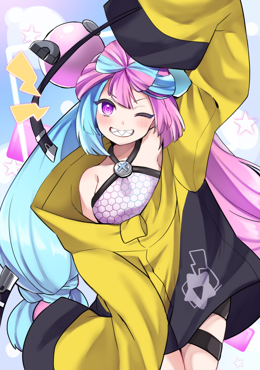 0kami_89zo, 1girl, absurdres, arm_up, bangs, blush, character_hair_ornament, commentary_request, grin, hair_ornament, highres, iono_(pokemon), jacket, long_hair, looking_at_viewer, one_eye_closed, pokemon, pokemon_(game), pokemon_sv, purple_hair, shirt, sleeveless, sleeveless_shirt, sleeves_past_fingers, sleeves_past_wrists, smile, solo, star_(symbol), teeth, thigh_strap, twintails, violet_eyes, yellow_jacket