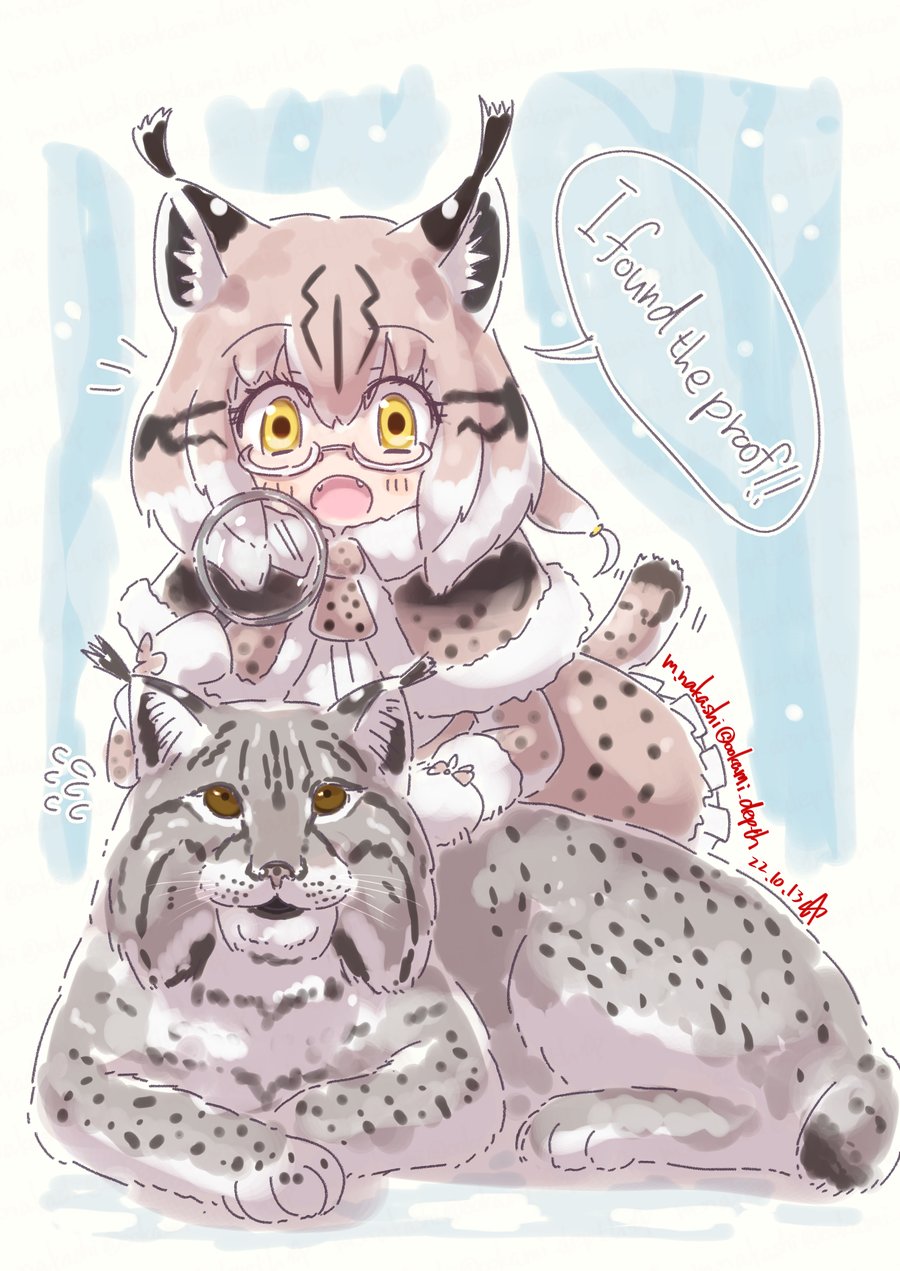1girl, animal_print, blonde_hair, brown_hair, capelet, cat_print, eurasian_lynx_(kemono_friends), fangs