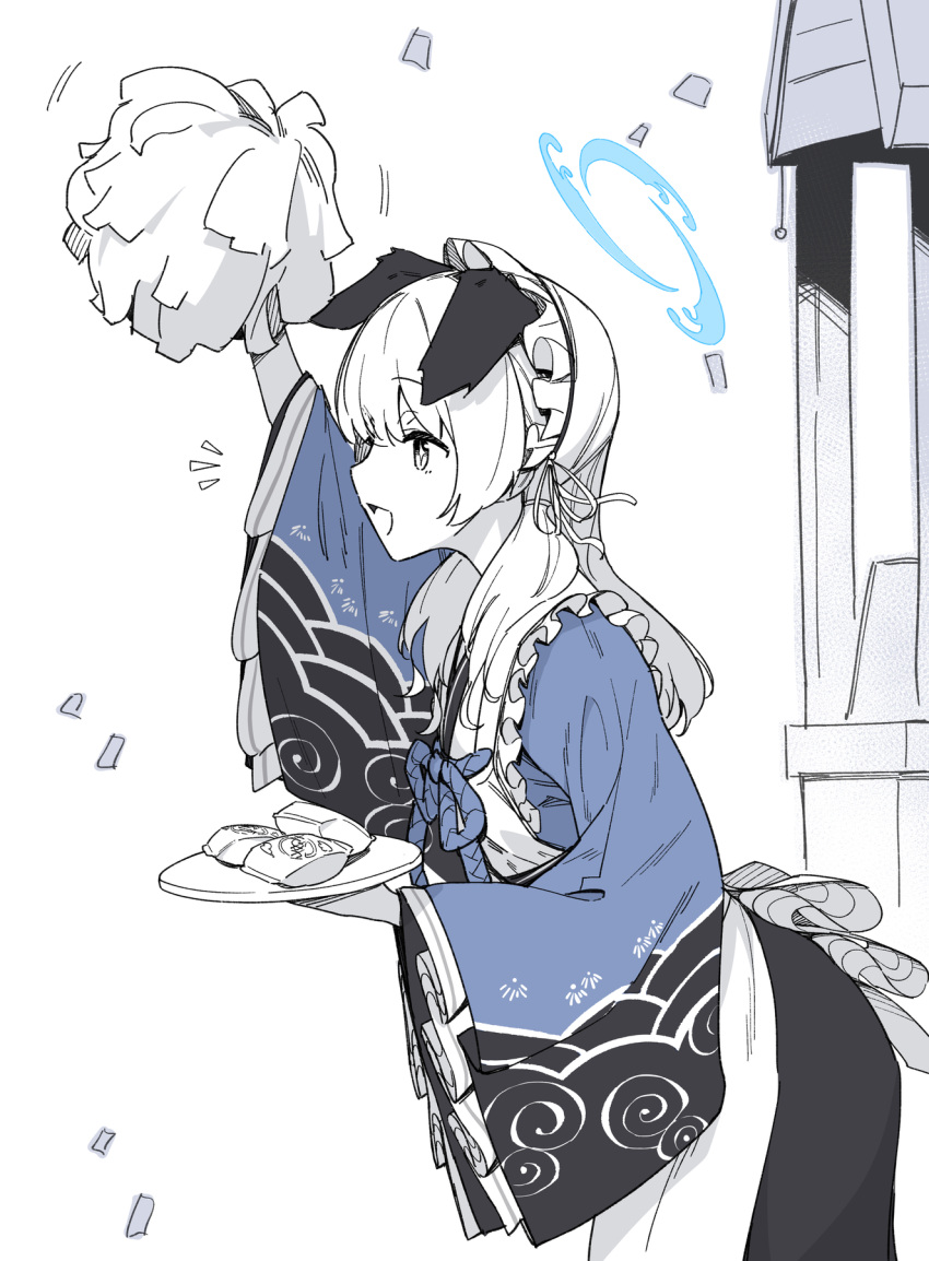 +_+, 1girl, animal_ears, apron, arm_up, blue_archive, blue_kimono, confetti