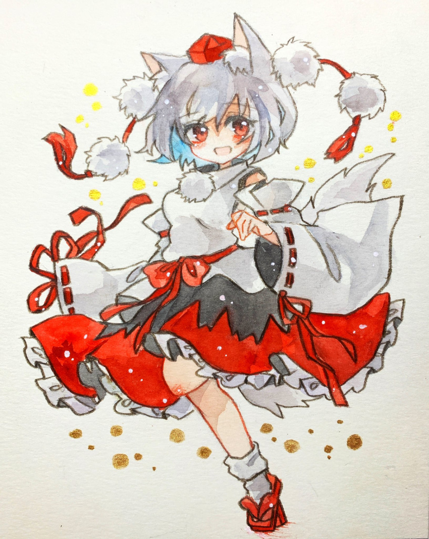 1girl, :d, animal_ears, commentary, detached_sleeves, frilled_skirt, frills, full_body