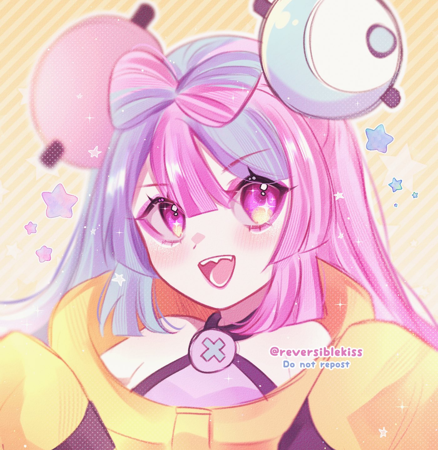 1girl, :d, bangs, blush, character_hair_ornament, commentary_request, eyelashes, eyeshadow, hair_ornament, highres, iono_(pokemon), jacket, long_hair, makeup, open_mouth, pink_hair, pokemon, pokemon_(game), pokemon_sv, purple_eyeshadow, reversiblekiss, shirt, sleeveless, sleeveless_shirt, smile, solo, star_(symbol), teeth, tongue, twitter_username, upper_body, violet_eyes, yellow_jacket