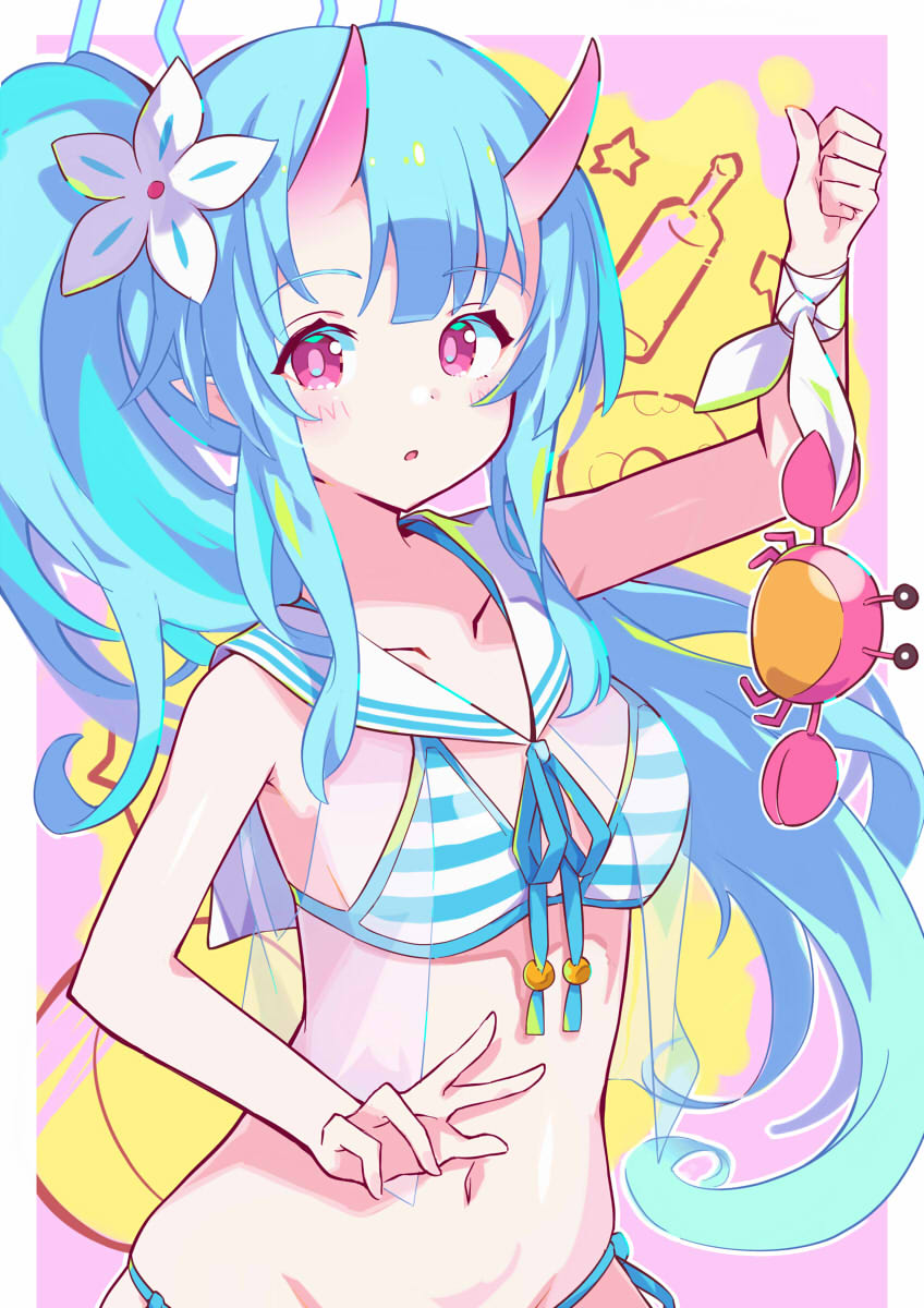1girl, :o, animal, bangs, bikini, blue_archive, blue_hair, blue_ribbon