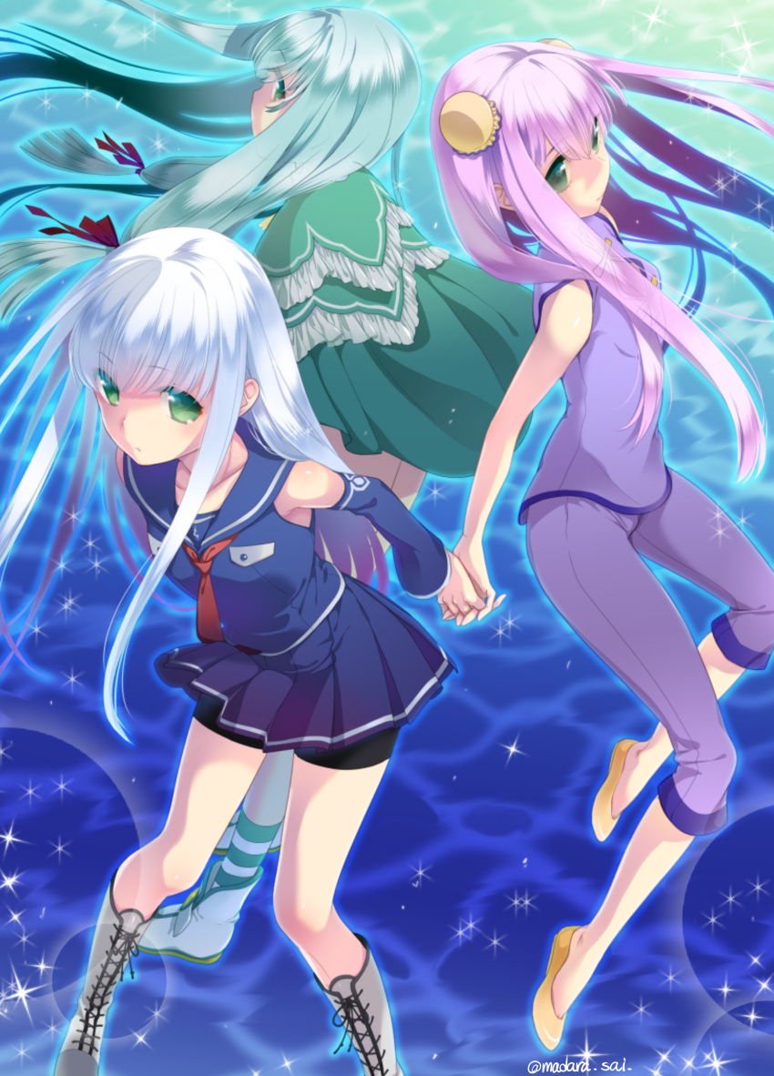 3girls, absurdres, aoki_hagane_no_arpeggio, bangs, blue_hair, blunt_bangs, boots, chinese_clothes
