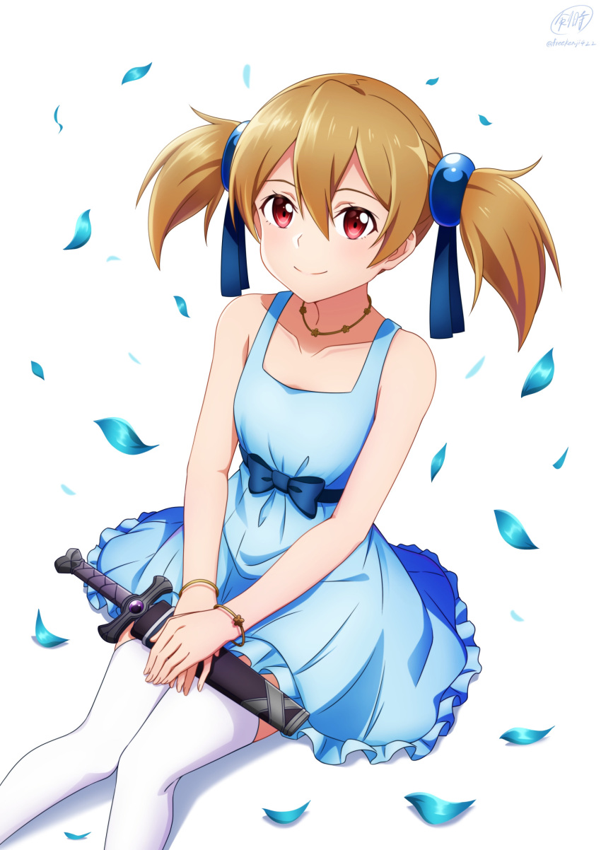1girl, bangs, bare_arms, blue_dress, blue_ribbon, bracelet, brown_hair, closed_mouth