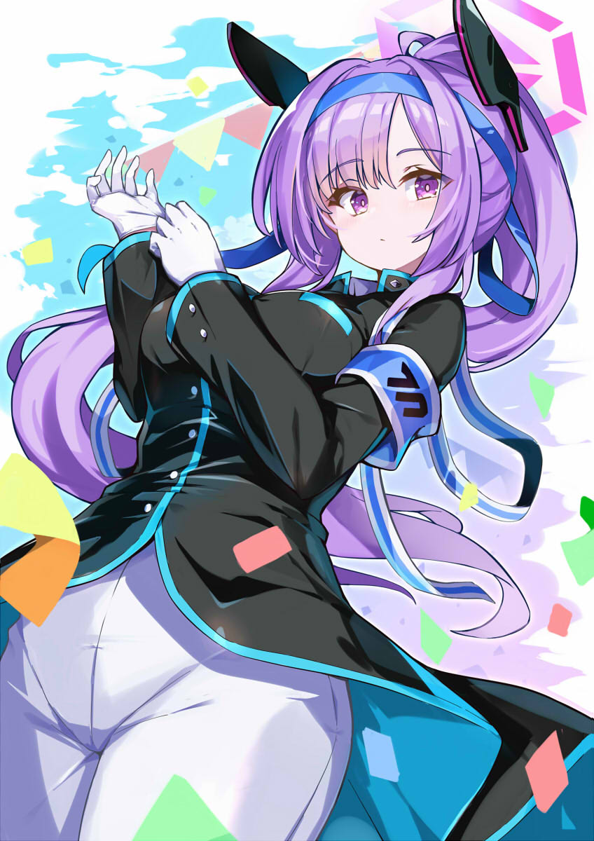 1girl, adjusting_clothes, adjusting_gloves, armband, blue_archive, blue_headband, breasts, confetti