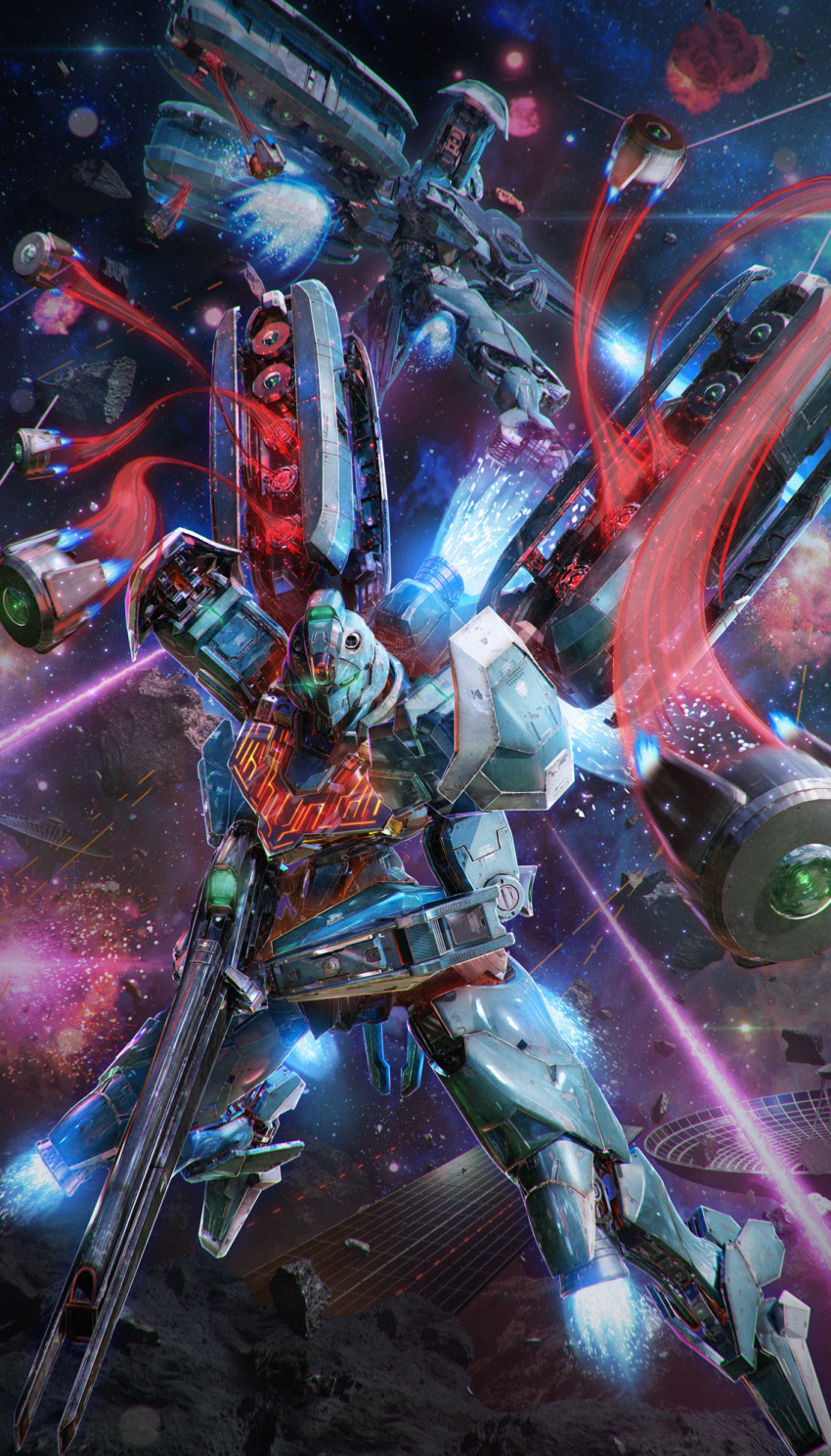 3d, explosion, firing, flying, funnels_(gundam), green_eyes, gun, gundam, gundam_lfrith_pre-production_model, gundam_suisei_no_majo, highres, holding, holding_gun, holding_weapon, mecha, no_humans, robot, space, thrusters, weapon, yamataka_(blenderkame)