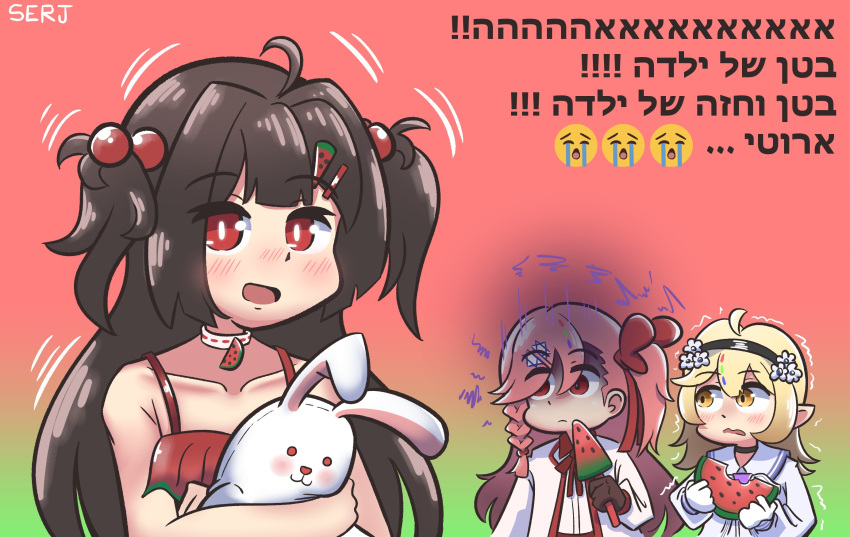 3girls, black_choker, black_hair, blonde_hair, bow, braid, brown_gloves, choker