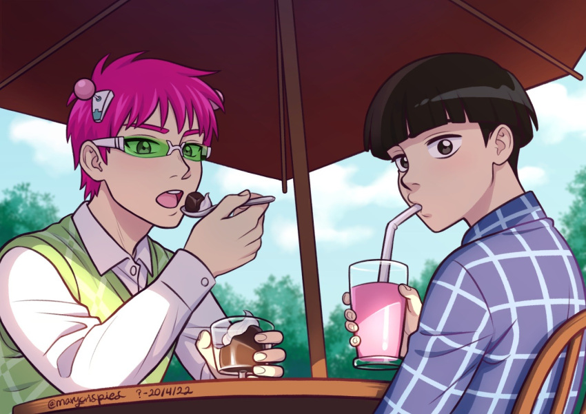 2boys, artist_name, black_eyes, black_hair, chair, coffee_jello, commentary, crossover, dated, day, drinking, drinking_straw, green_sweater_vest, hair_ornament, kageyama_shigeo, long_sleeves, male_focus, marycrispies, mob_psycho_100, multiple_boys, outdoors, pink_hair, plaid, plaid_shirt, plaid_sweater_vest, saiki_kusuo, saiki_kusuo_no_psi_nan, shirt, short_hair, sitting, spoon, sweater_vest, table, tinted_eyewear, trait_connection, white_shirt