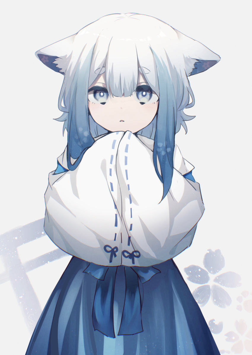 1boy, absurdres, animal_ear_fluff, animal_ears, blue_eyes, blue_hair, blue_hakama, cat_boy