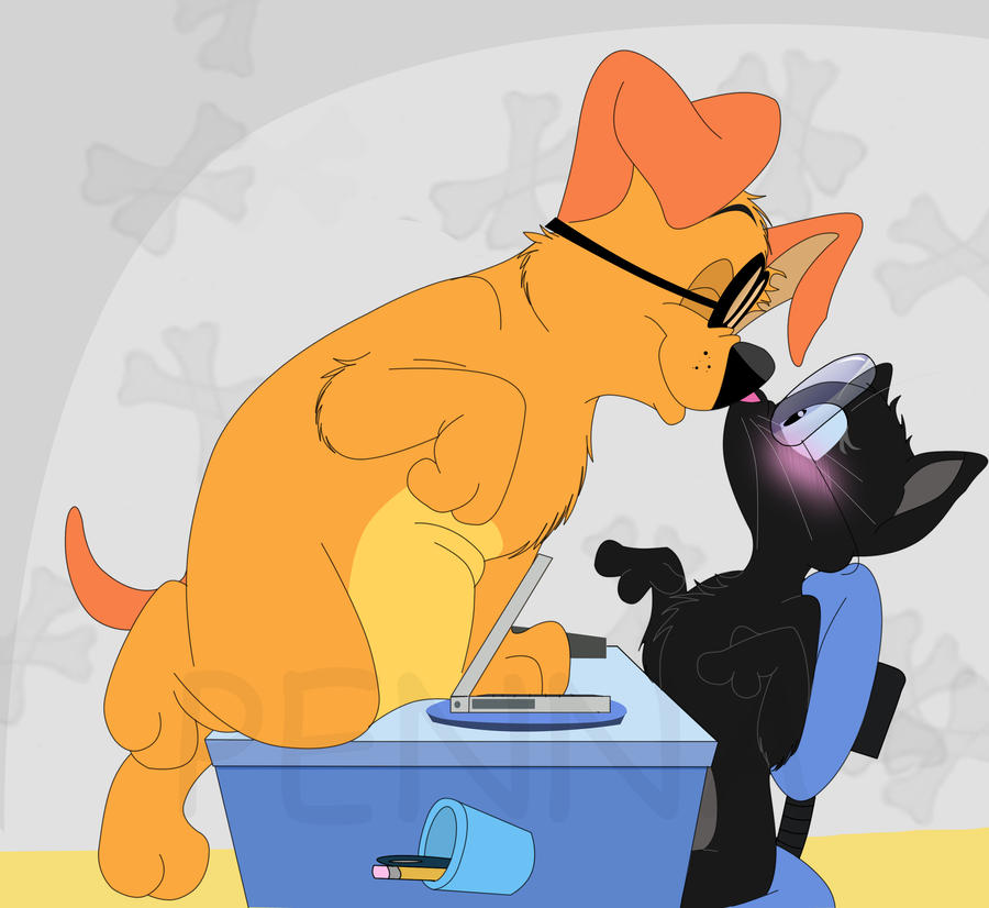 animal_ears, artist_request, black_cat, blossom_(fetch!_with_ruff_ruffman), blush, cat, chair, computer, dog, dog_ears, fetch!_with_ruff_ruffman, fur, furry, furry_female, furry_male, glasses, kiss, laptop, non-web_source, orange_hair, pencil, ruff_ruffman, table