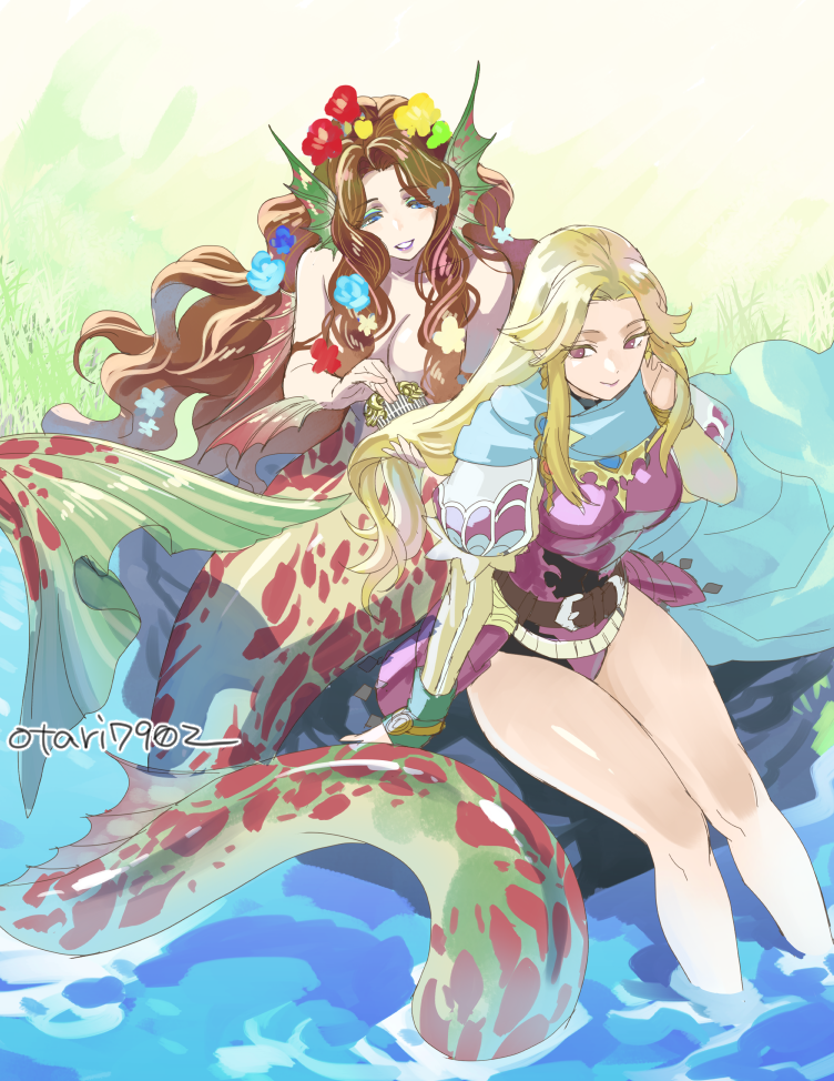 2girls, blonde_hair, cape, indesign, juliet_sleeves, leotard, long_hair, long_sleeves, mermaid, monster_girl, multiple_girls, protagonist_(romancing_saga_2), puffy_sleeves, romancing_saga_2, saga, saga_frontier, the_final_empress