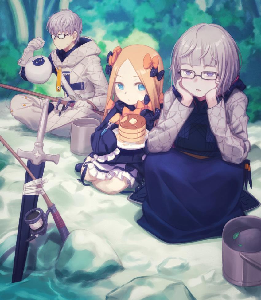 1boy, 2girls, abigail_williams_(fate), absurdres, blonde_hair, blue_eyes, bow, daisi_gi