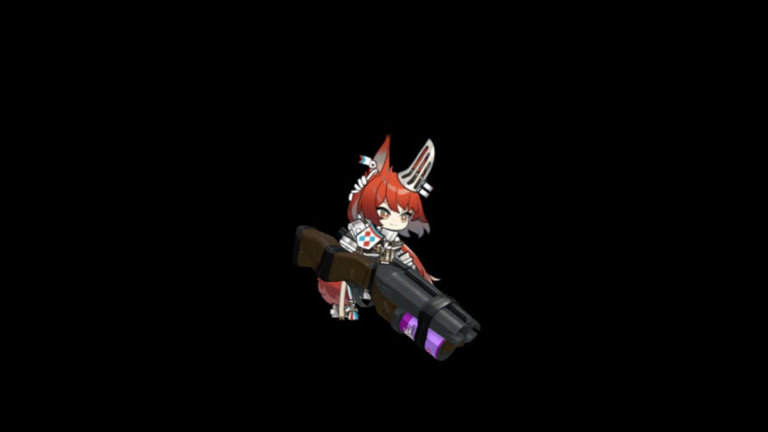 1girl, animal_ears, arknights, armor, ear_covers, flametail_(arknights), gauntlets, gun, holding, holding_weapon, non-web_source, simple_background, squirrel_ears, squirrel_girl, tf2, weapon