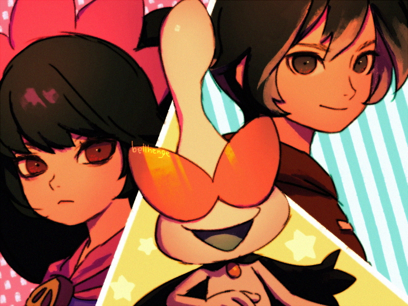 1girl, 2boys, alien, ashley_(warioware), bangs, bellhenge, black_hair, blush