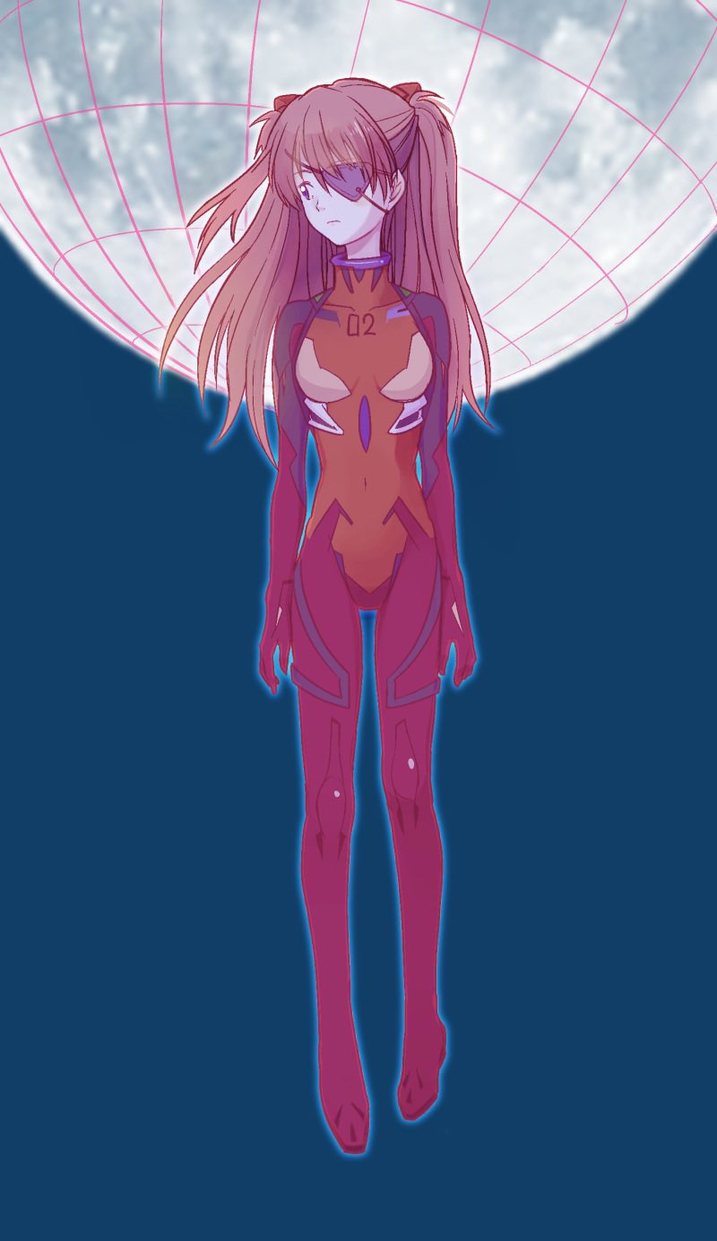1girl, bangs, bloon, breasts, evangelion:_3.0+1.0_thrice_upon_a_time, expressionless, eyepatch, full, full_moon, highres, long_hair, moon, neon_genesis_evangelion, night, night_sky, plugsuit, rebuild_of_evangelion, sky, solo, souryuu_asuka_langley, twintails, yukanaeva