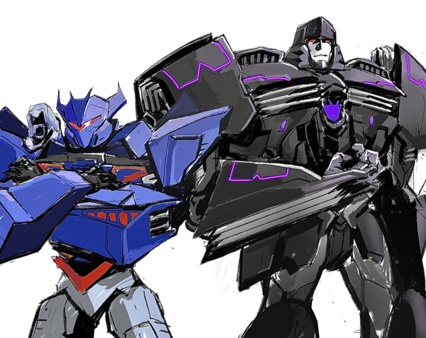 assault_visor, crossed_arms, decepticon, highres, lizardmancc, looking_at_viewer, mecha, megatron, open_hand, red_eyes, robot, shoulder_cannon, sketch, soundwave_(transformers), the_transformers_(idw), trait_connection, transformers, transformers:_earth_spark, white_background