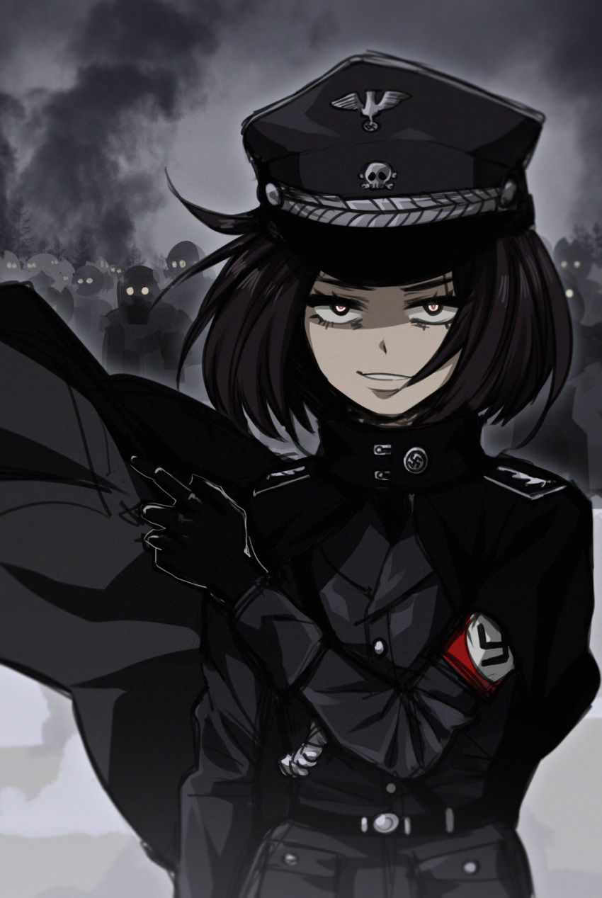 1girl, black_gloves, black_hair, cape, gloves, glowing, glowing_eyes, grin