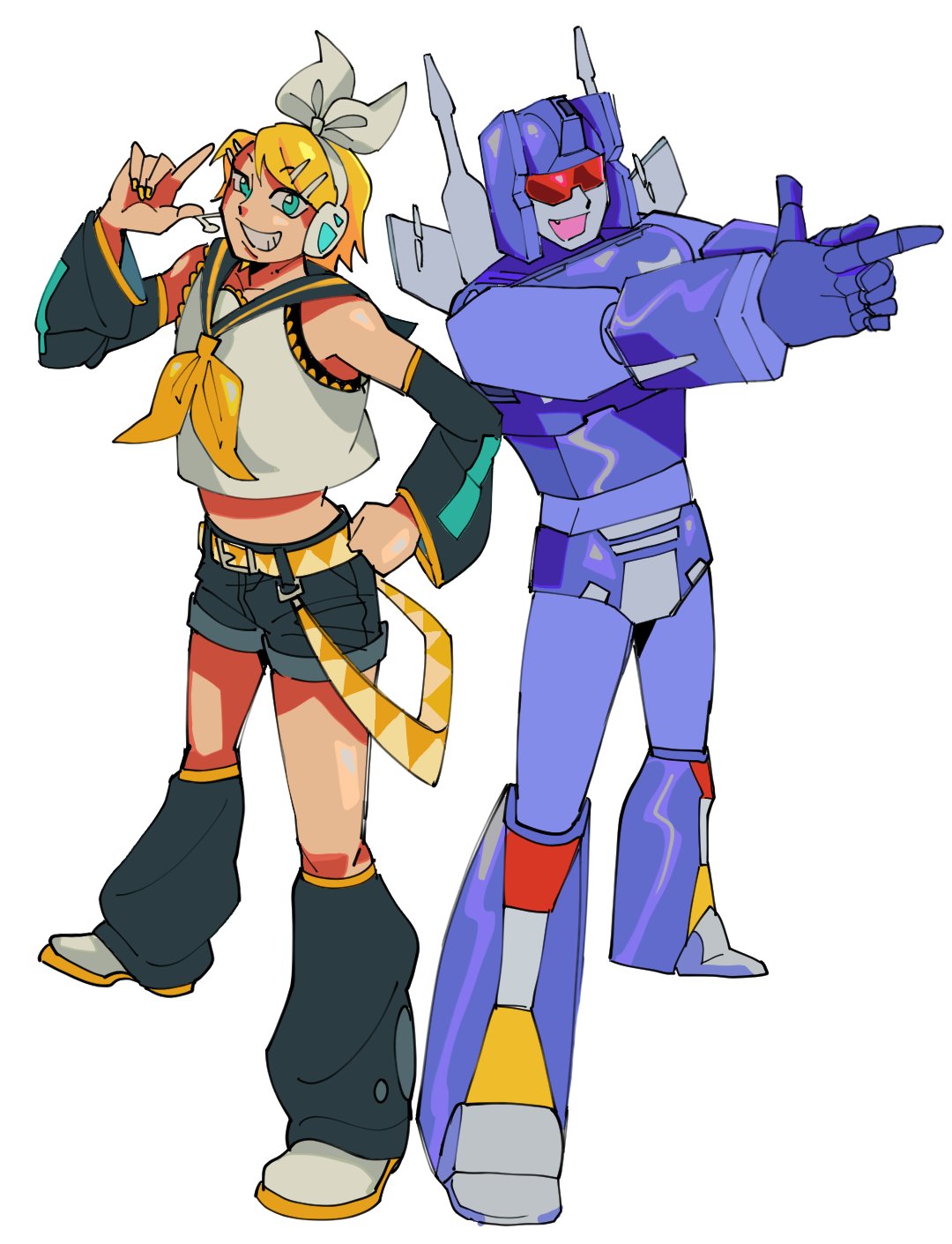 1boy, 1girl, black_shorts, blue_eyes, clenched_hand, cropped_shirt, crossover, detached_sleeves, english_commentary, finger_gun, frenzy_(transformers), hair_ribbon, hand_on_hip, headphones, highres, kagamine_rin, looking_at_viewer, mecha, nya_zuline, open_mouth, pointing, pointing_up, ribbon, robot, shirt, shorts, smile, transformers, tube_socks, vocaloid, white_ribbon, white_shirt, yellow_belt