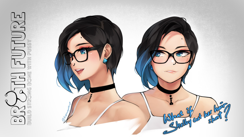 1girl, alternate_hair_length, alternate_hairstyle, biting, black-framed_eyewear, black_choker, black_hair, blue_eyes