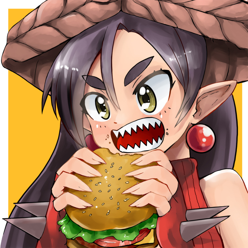 1girl, black_hair, burger, cheese, earrings, eating, fingerless_gloves, fingernails