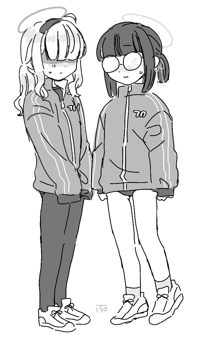 2girls, bangs, blue_archive, blunt_bangs, buruma, glasses, greyscale, gym_uniform, hair_over_eyes, halo, jacket, kosame_(iso), millennium_science_school_student, monochrome, multiple_girls, opaque_glasses, ponytail, sidelocks, sketch, track_jacket