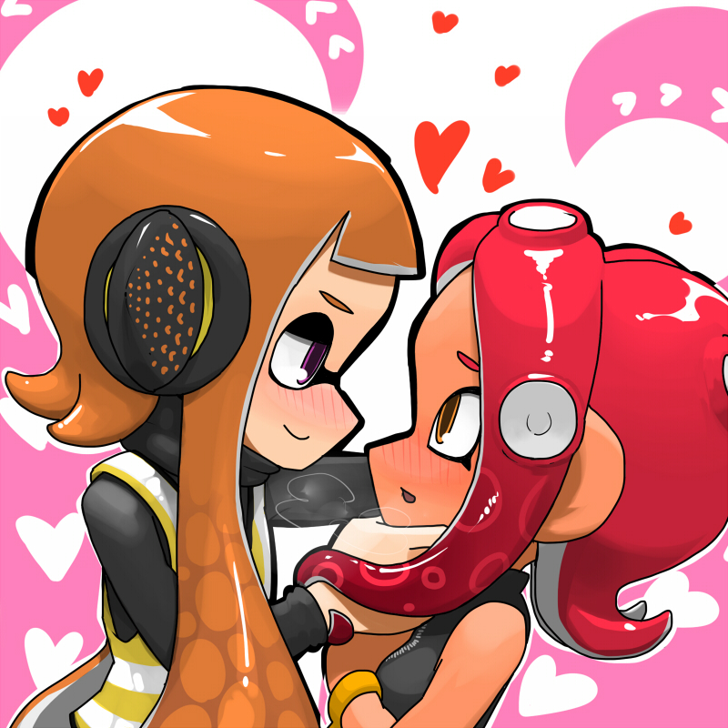 2girls, agent_3_(splatoon), agent_8_(splatoon), blush, couple, face-to-face, gakukuru, inkling