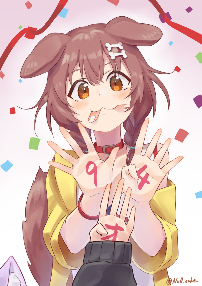 2girls, :3, absurdres, animal_collar, animal_ears, bone_hair_ornament, braid, brown_eyes