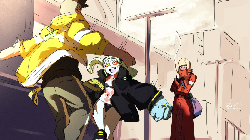 1boy, 2girls, chainsaw_man, cyberpunk_(series), cyberpunk_edgerunners, cyborg, dancing, david_martinez
