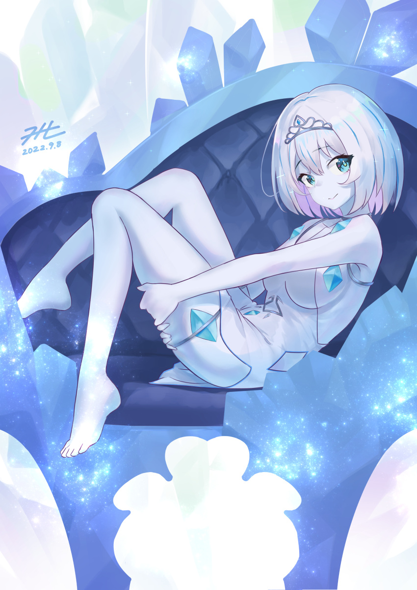1girl, absurdres, aqua_eyes, barefoot, breasts, colored_skin, commission, dated