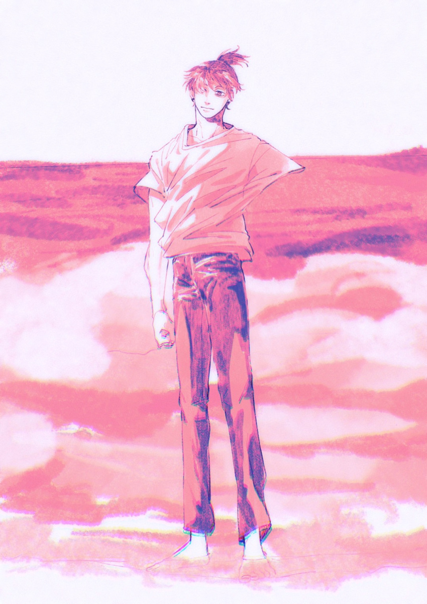 1boy, amputee, arm_at_side, bangs, barefoot, chainsaw_man, chromatic_aberration, clenched_hand