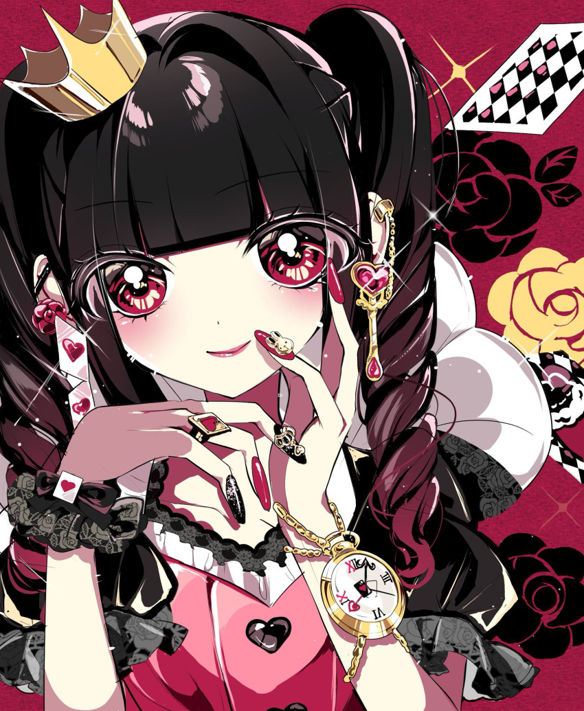 1girl, alice_in_wonderland, bangs, black_hair, blunt_bangs, blush, bracelet, buttons, card, crown, curly_hair, dress, drill_hair, ear_chain, earrings, fingernails, flower, flower_earrings, frilled_sleeves, frills, hair_intakes, hand_on_own_cheek, hand_on_own_face, head_tilt, heart_button, highres, hitsujida, industrial_piercing, jewelry, key_earrings, long_fingernails, long_hair, mini_crown, mismatched_earrings, nail_art, nail_polish, original, playing_card, pocket_watch, puffy_short_sleeves, puffy_sleeves, queen_of_hearts_(alice_in_wonderland), red_eyes, ring, rose, short_sleeves, single_wrist_cuff, smile, solo, tilted_headwear, twin_drills, twintails, watch, wrist_cuffs