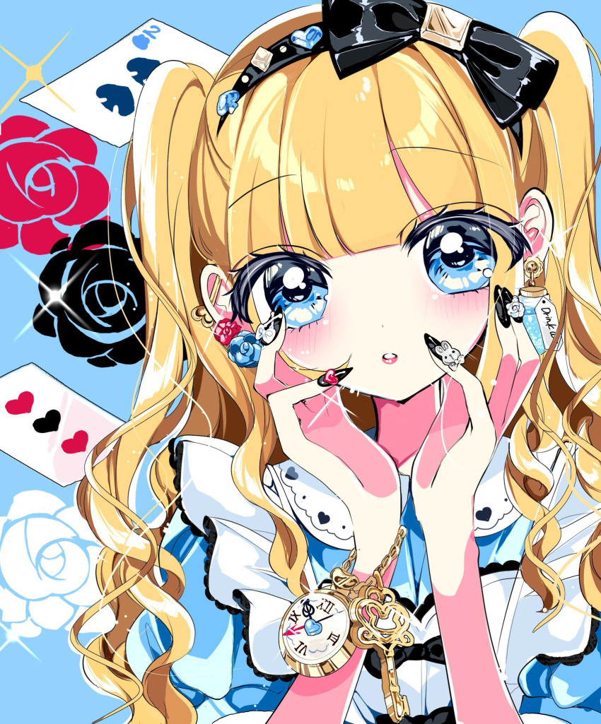 1girl, alice_(alice_in_wonderland), alice_in_wonderland, bangs, blonde_hair, blue_eyes, blunt_ends, blush
