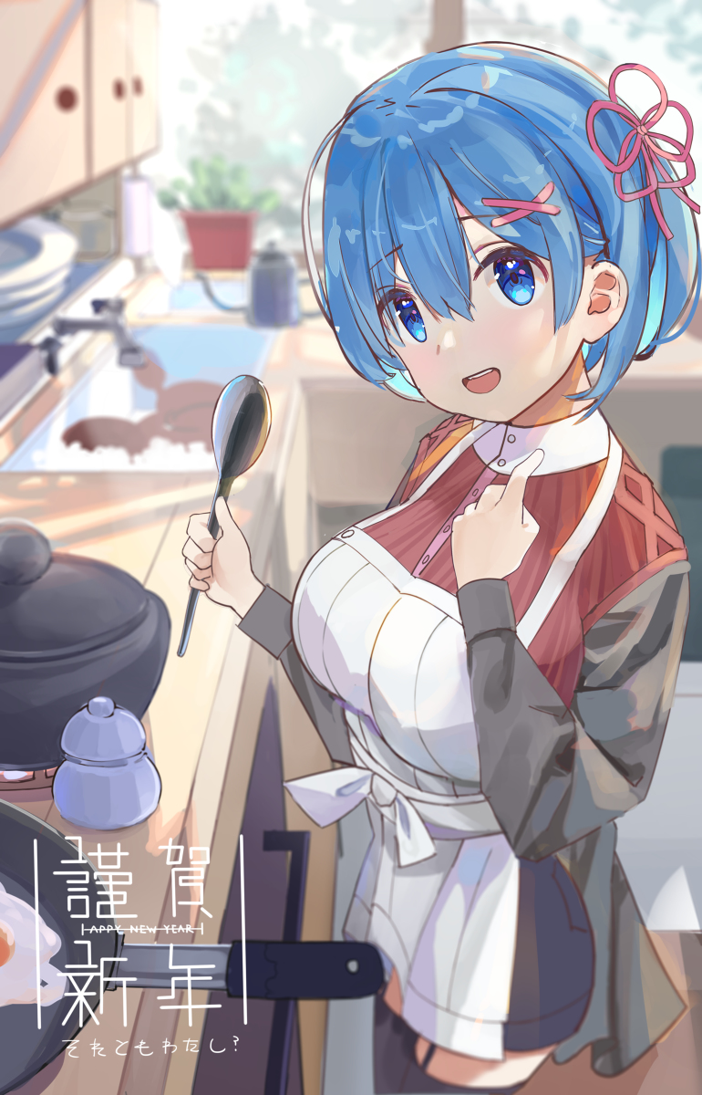 1girl, apron, blue_eyes, blue_hair, blurry, blurry_background, breasts, cabinet