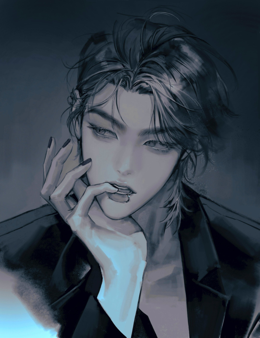 1boy, absurdres, bangs, eyelashes, finger_to_mouth, ha_ppy_0, head_rest, highres