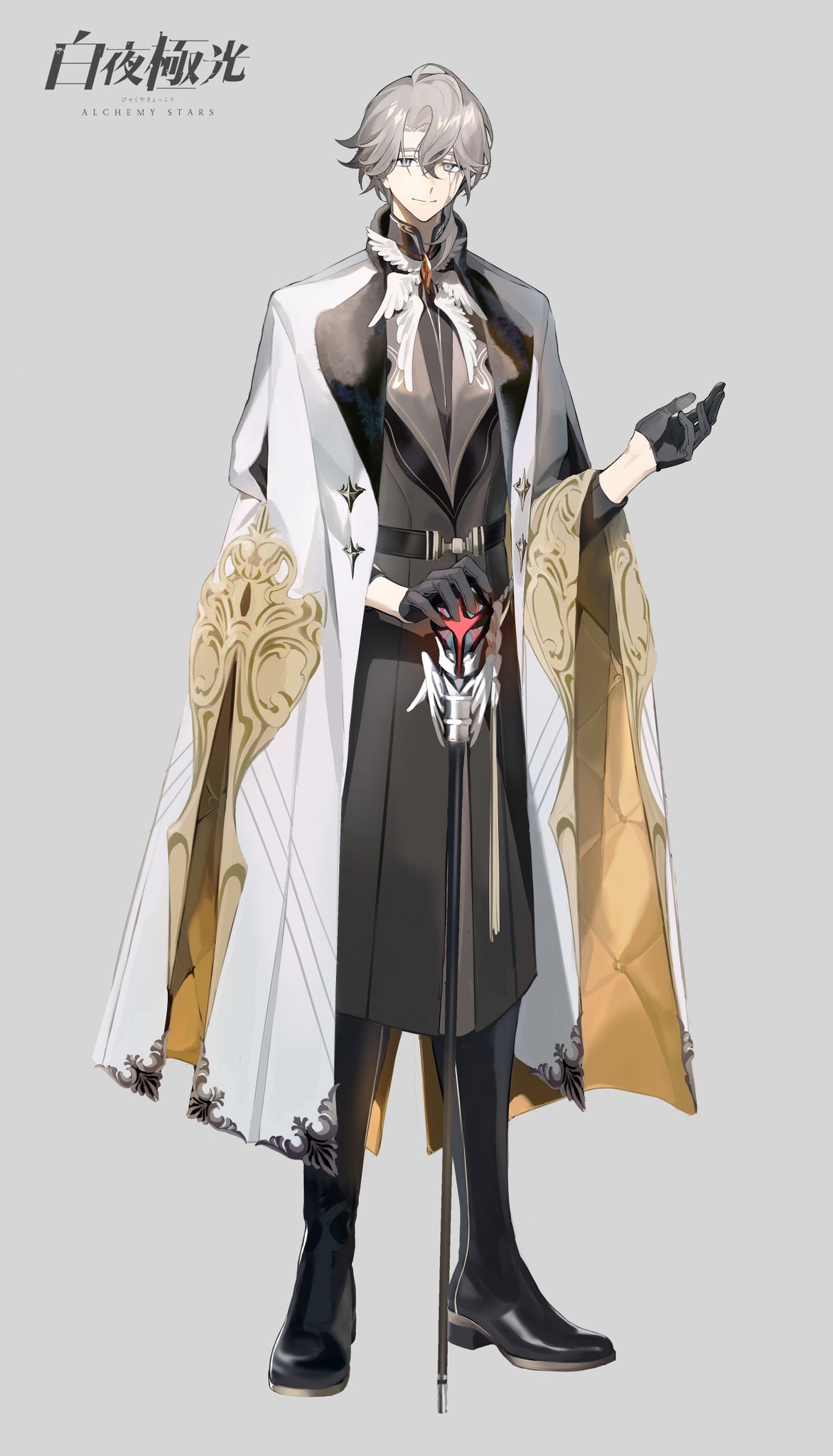 1boy, alchemy_stars, ameinu, belt, black_belt, black_coat, black_footwear, black_gloves
