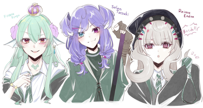 3girls, anger_vein, blue_eyes, blush, body_writing, bracelet, braid, cardigan, character_name, cloak, closed_mouth, collared_shirt, crown, dress_shirt, ear_piercing, english_text, eyeshadow, facial_mark, fang, fang_out, finana_ryugu, fish_girl, flower, green_hair, green_necktie, green_scarf, grey_hair, grey_sweater, hair_flower, hair_ornament, hair_tie, hairclip, head_fins, head_wings, heterochromia, highres, hogwarts_school_uniform, holding, hood, hooded_cloak, jewelry, long_hair, looking_at_viewer, makeup, multiple_girls, neck_tattoo, necktie, nijisanji, nijisanji_en, open_mouth, piercing, pink_flower, purple_hair, purple_wings, raised_eyebrow, reimu_endou, scarf, school_uniform, selen_tatsuki, shirt, short_hair, sleeves_past_fingers, sleeves_past_wrists, slytherin, speech_bubble, star_(symbol), sweater, tattoo, twin_braids, undone_necktie, violet_eyes, wings, yukishiro_(boma_winter)