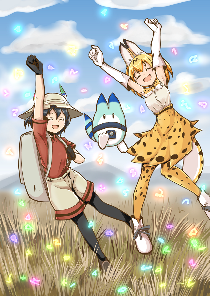 2girls, :d, animal_ears, arm_up, armpits, arms_up, backpack, bag