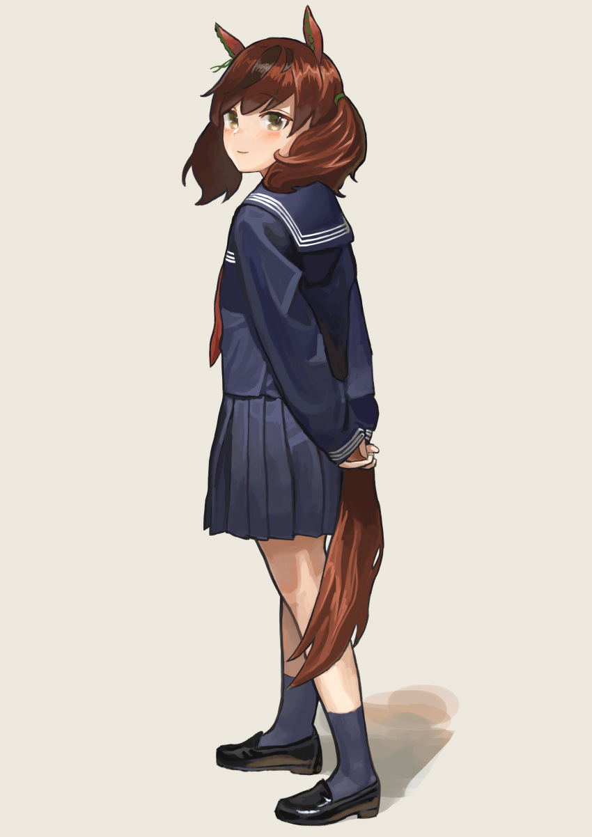 1girl, absurdres, alternate_costume, animal_ears, arms_behind_back, bangs, black_footwear, blue_shirt
