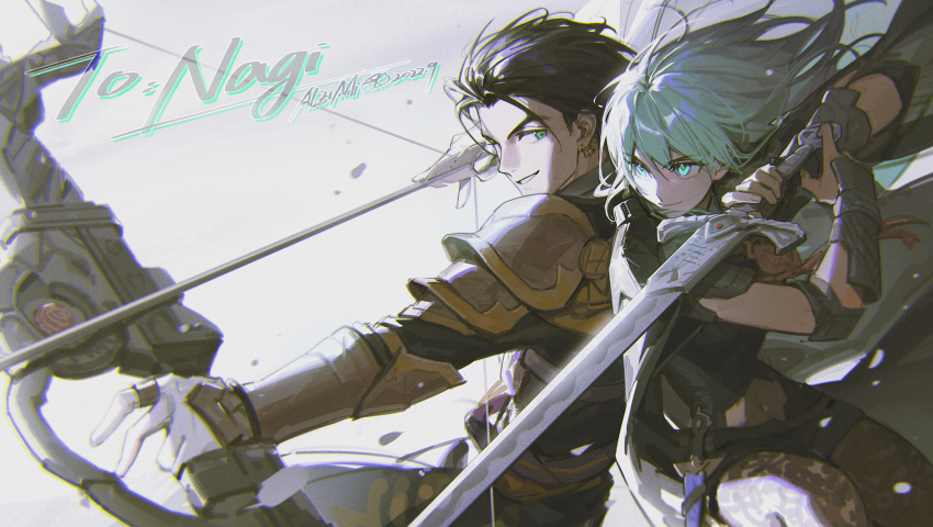 1boy, 1girl, alzi_xiaomi, aqua_hair, armor, arrow_(projectile), black_cape, black_hair