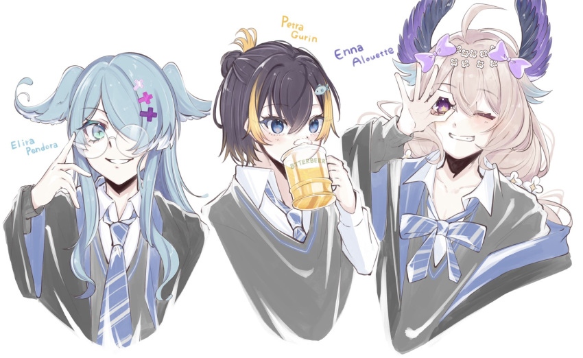 3girls, ahoge, bird_girl, black_hair, blue_eyes, blue_hair, blue_necktie, blue_wings