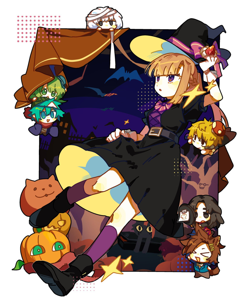 >_<, :d, animal_ears, arm_up, bandage_on_face, bandages, bangs, bare_tree