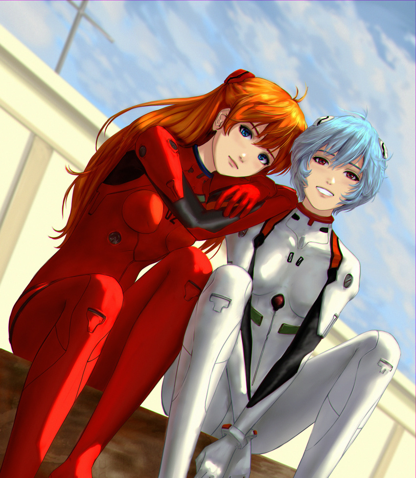 2girls, absurdres, arms_between_legs, ayanami_rei, blue_eyes, bodysuit, clouds, highres