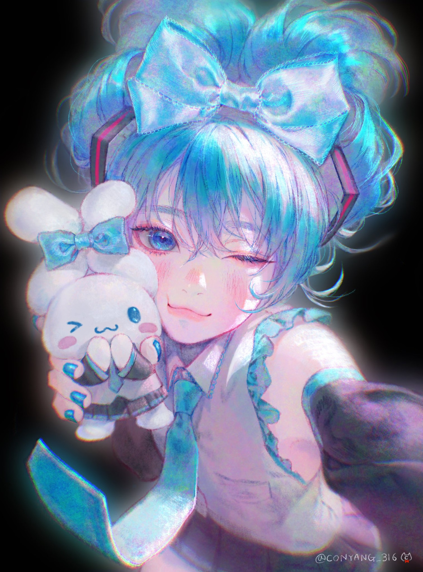 1girl, ;3, aqua_necktie, bangs, bare_shoulders, black_background, black_skirt, blue_bow