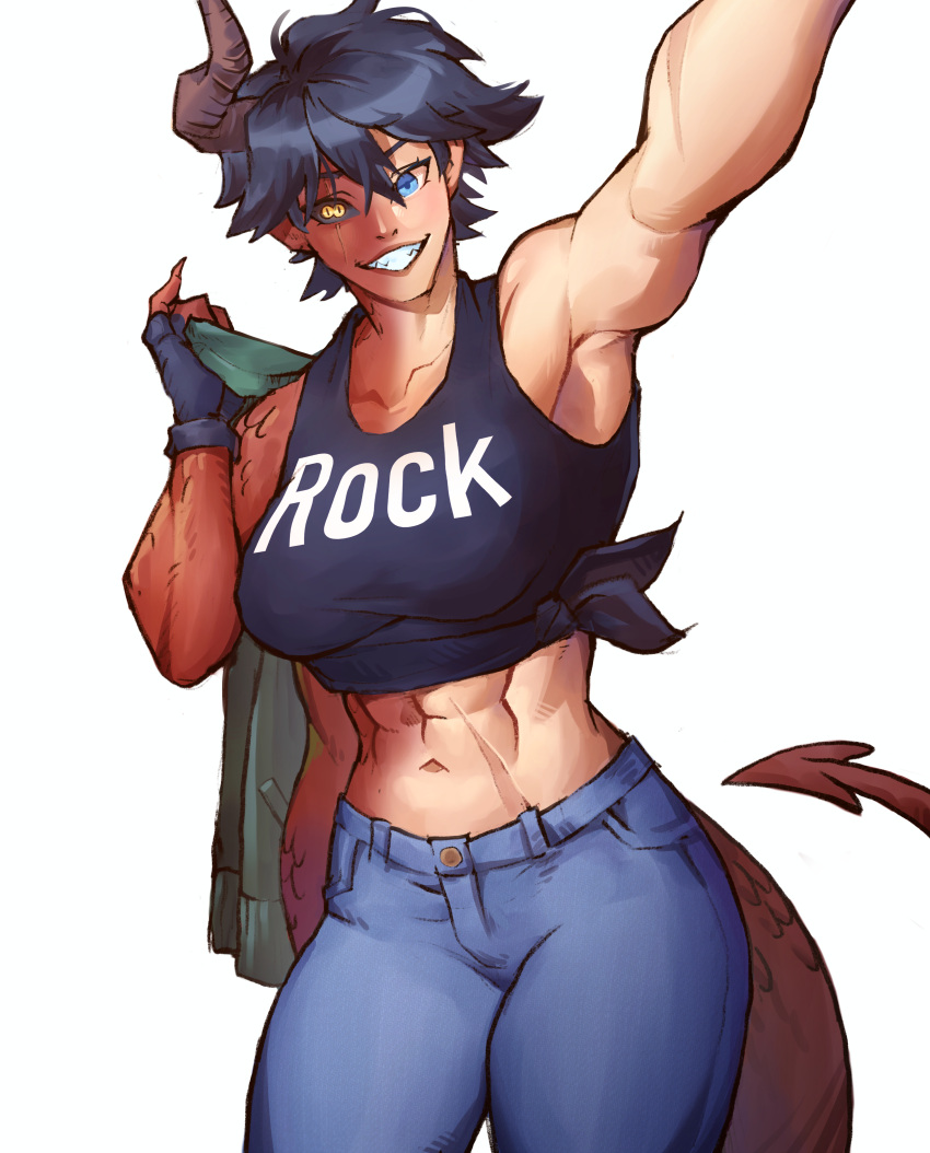 abs, absurdres, blue_eyes, demon_girl, demon_tail, encariah1, extra_arms, heterochromia, highres, horns, looking_at_viewer, mismatched_pupils, mismatched_sclera, muscular, muscular_female, scar, single_horn, tail