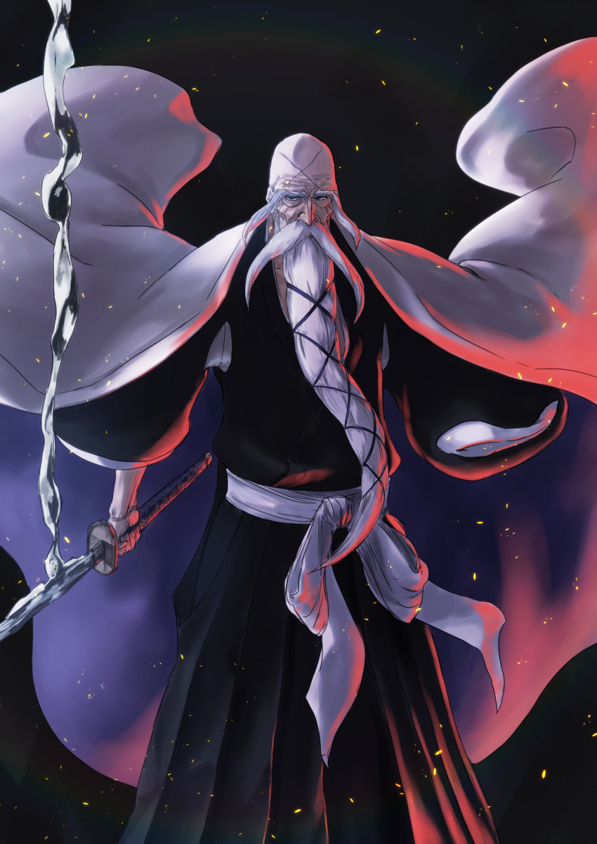 1boy, bald, beard, bleach, facial_hair, haori, highres, holding